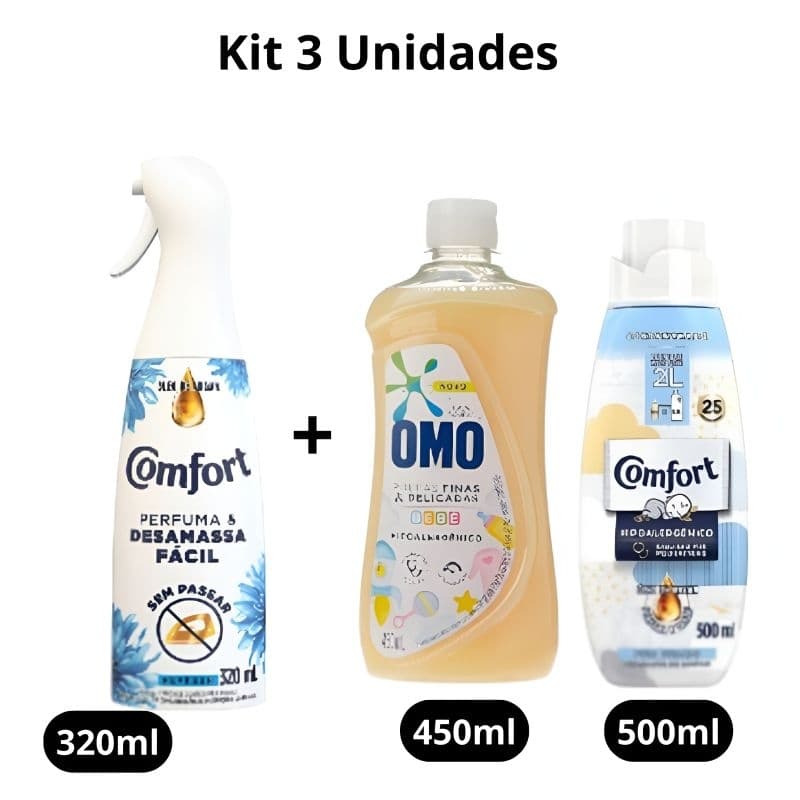 Kit 1 Comfort Desamassa Fácil Refresh 320ml + 1 Lava Roupas Omo Roupas Finas Bebê 450ml + 1 Amaciante Puro Cuidado 500ml