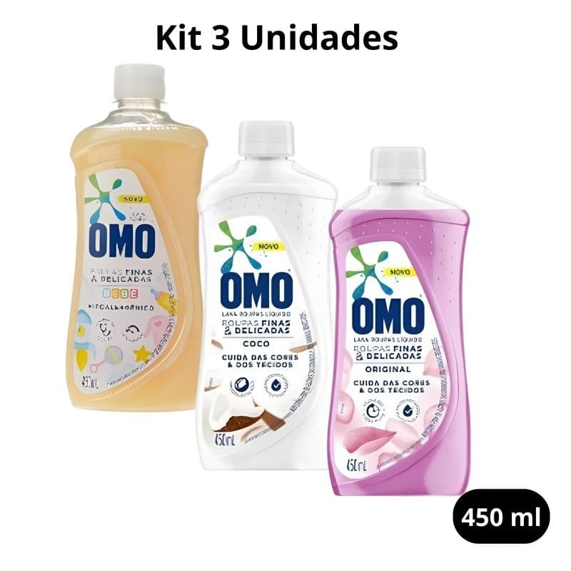 Kit 3 Lava Roupas Omo líquido roupas Delicadas 1 Bebê+ 1 Cocô + 1 Original 450ml