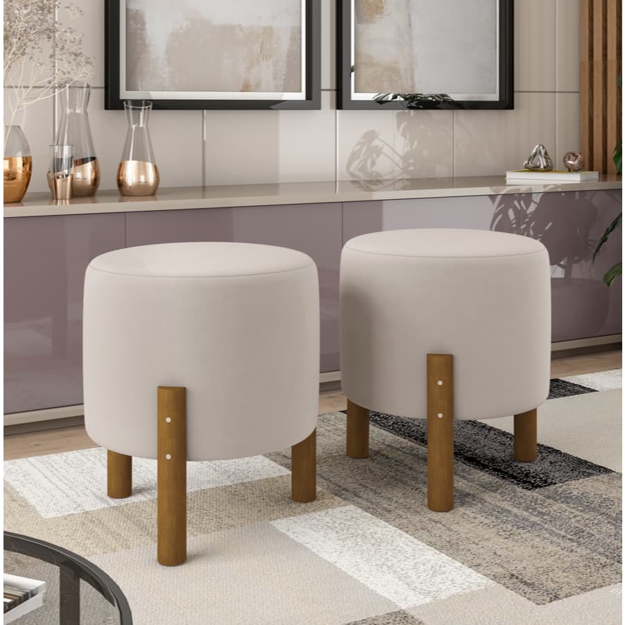 QUEIMA DE ESTOQUE Kit 2 Puff Banqueta Redondo Suede Decorativo Pés em Madeira - Cores