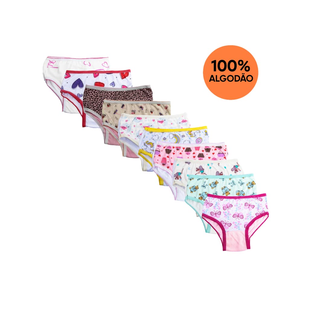 Kit com 10,12 ou 20 calcinhas 100% algodão meninas infantil básica para o dia a dia