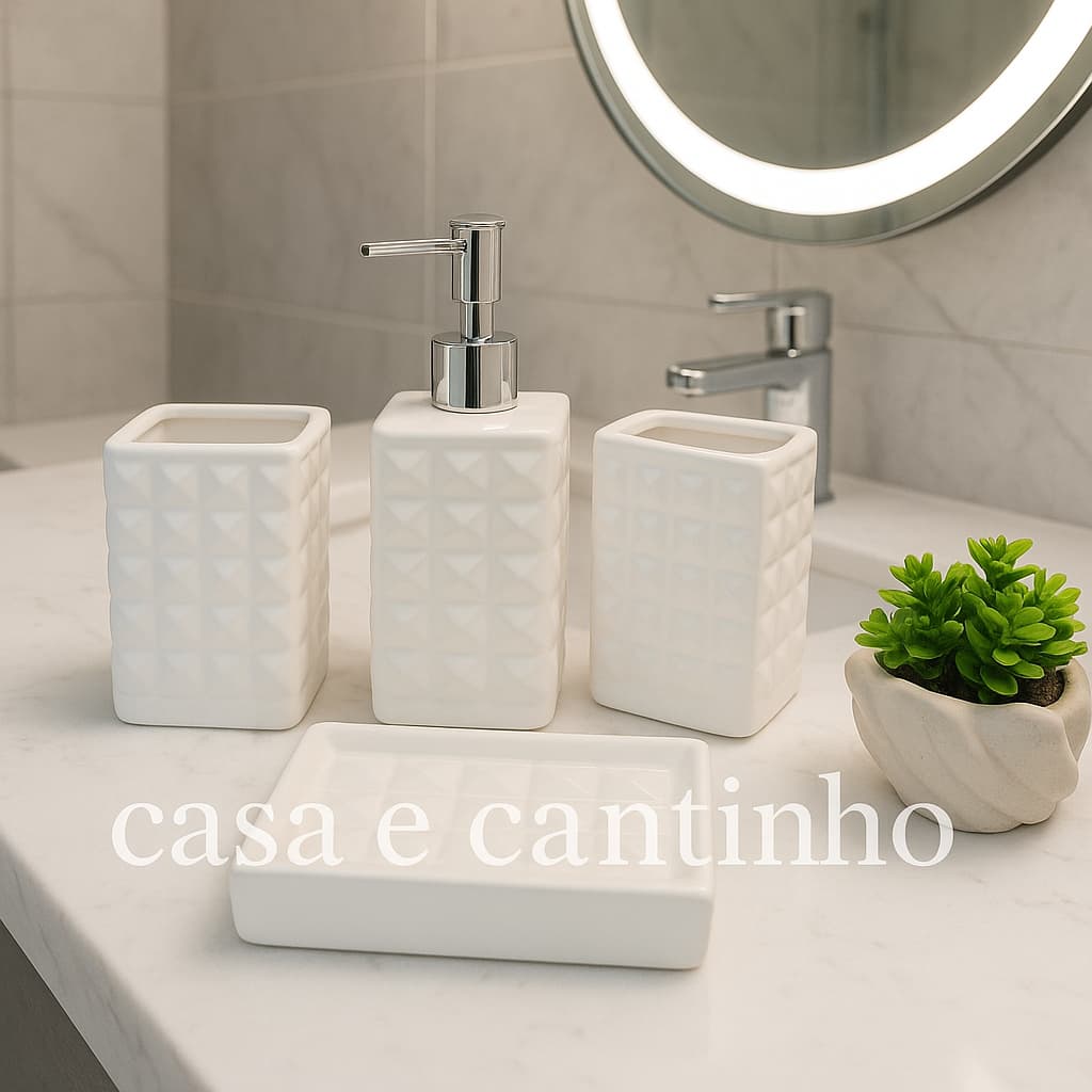 Kit 4 Peças Jogo de Banheiro Lavabo Porcelana Difusor Dispenser Sabonete Liquido Bandeja