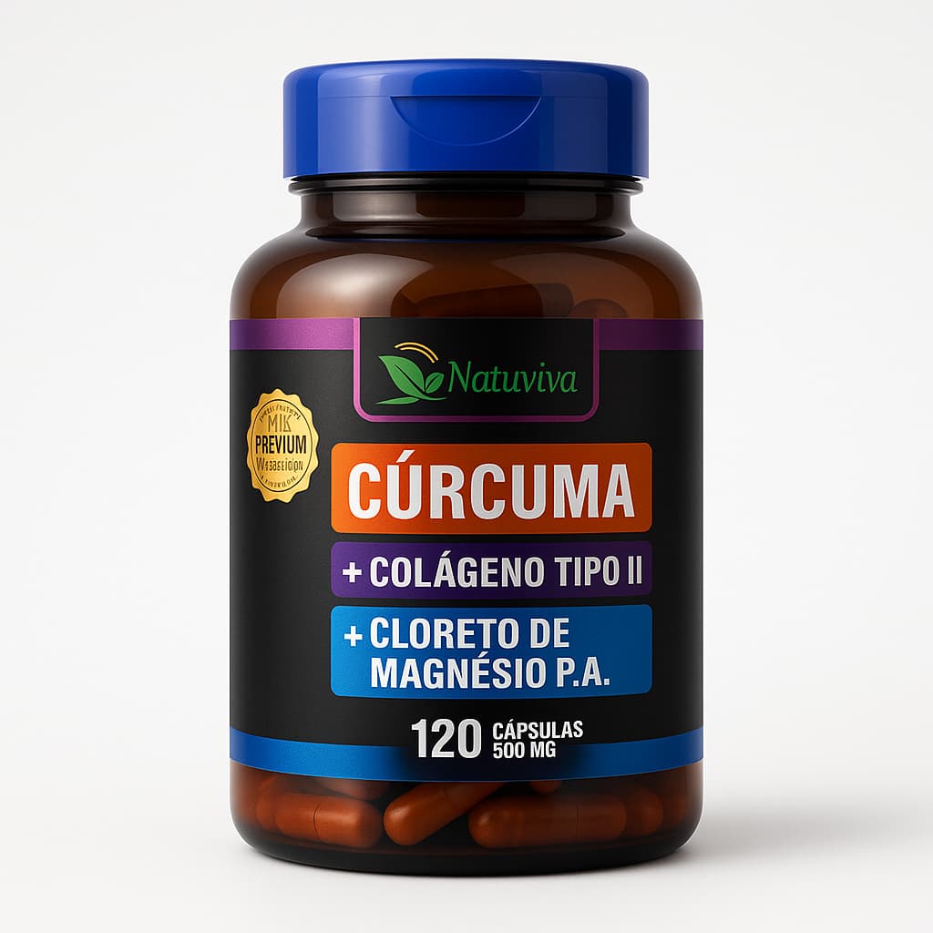 CÚRCUMA + COLÁGENO TIPO II + CLORETO DE MAGNÉSIO P.A. | Natuviva Premium | 120 Cáps 500mg