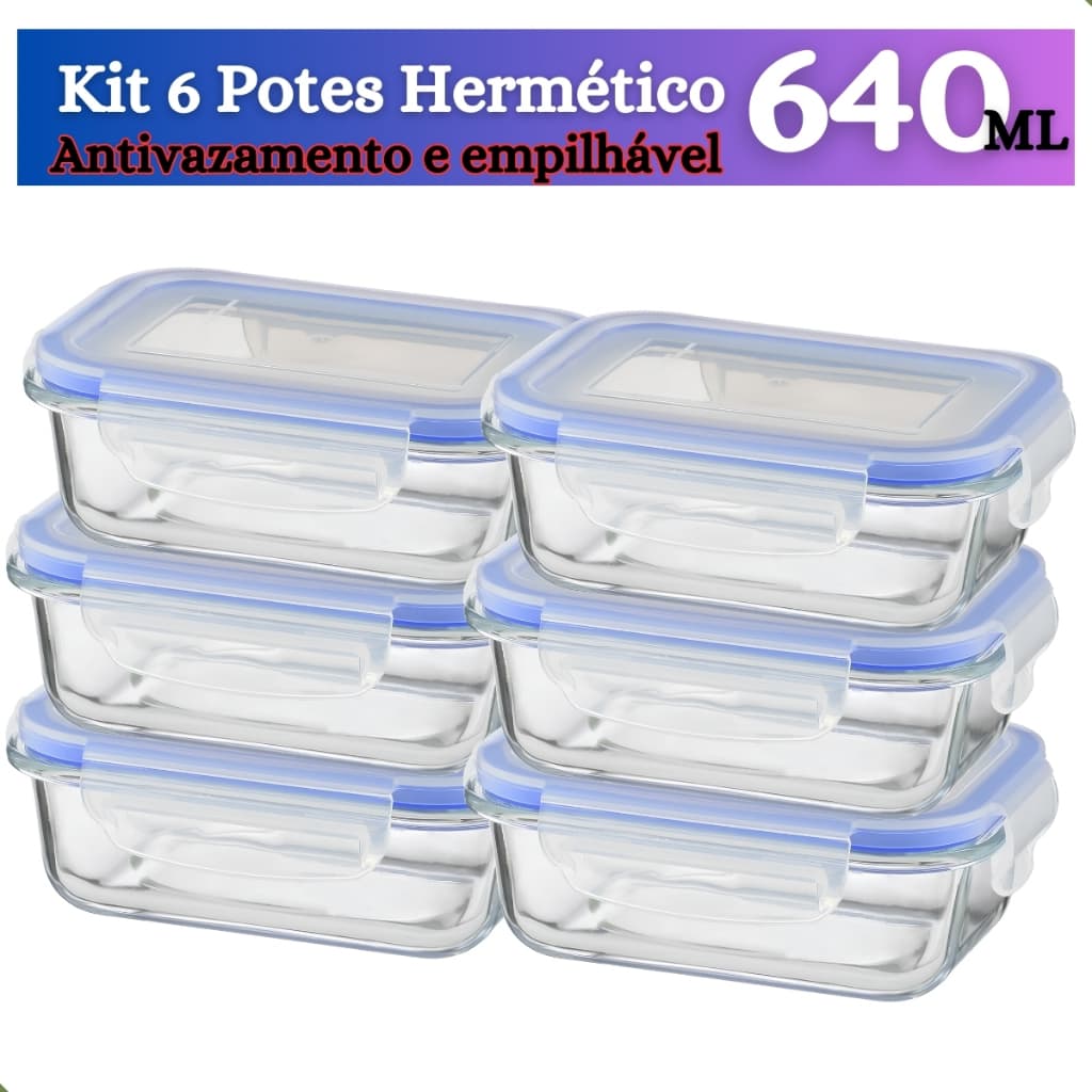 Conjunto 6 Potes de Vidro Marmita Hermético 640 ml com tampa e travas