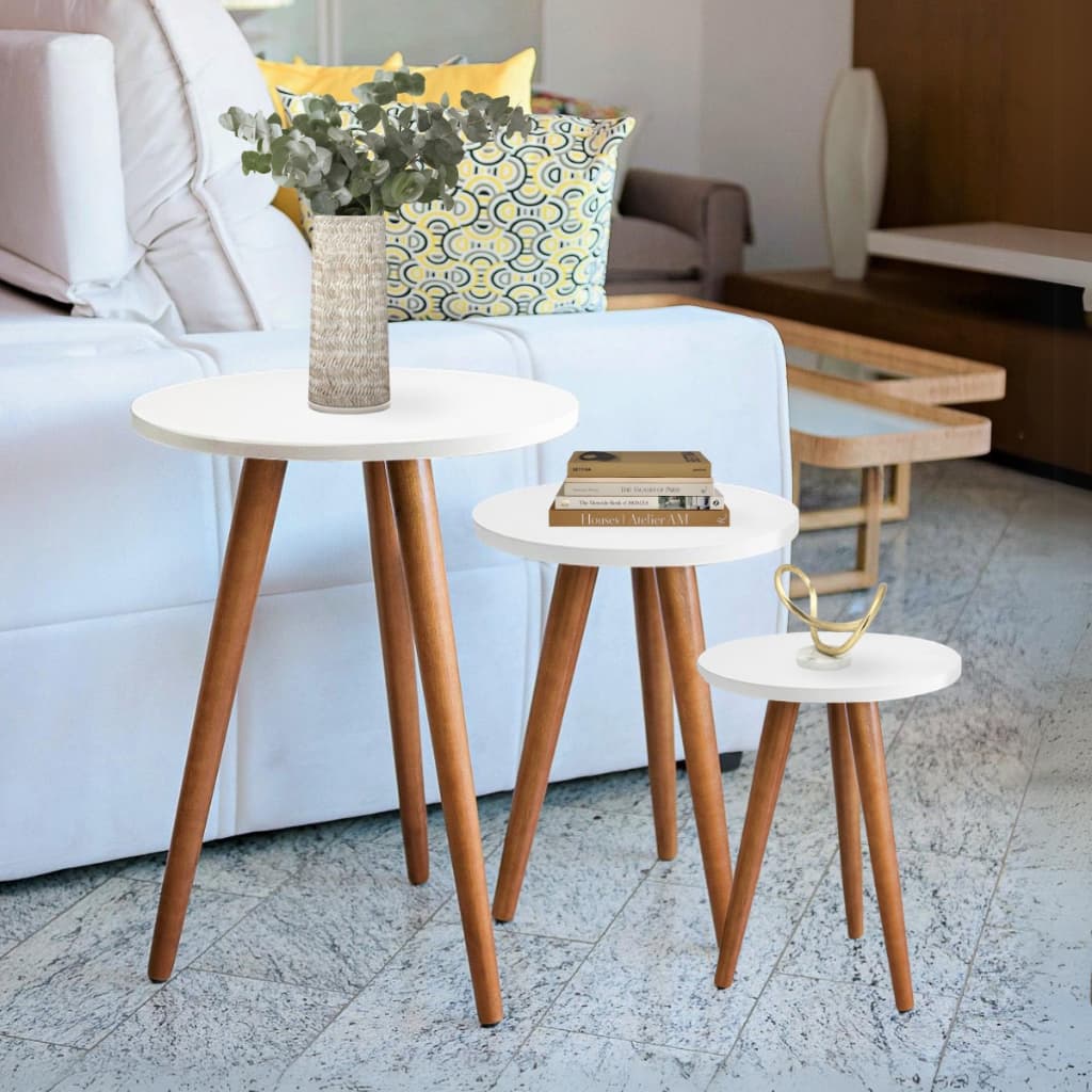 Kit Trio de Mesinhas Laterais Redondas Sala Pé Palito Retro