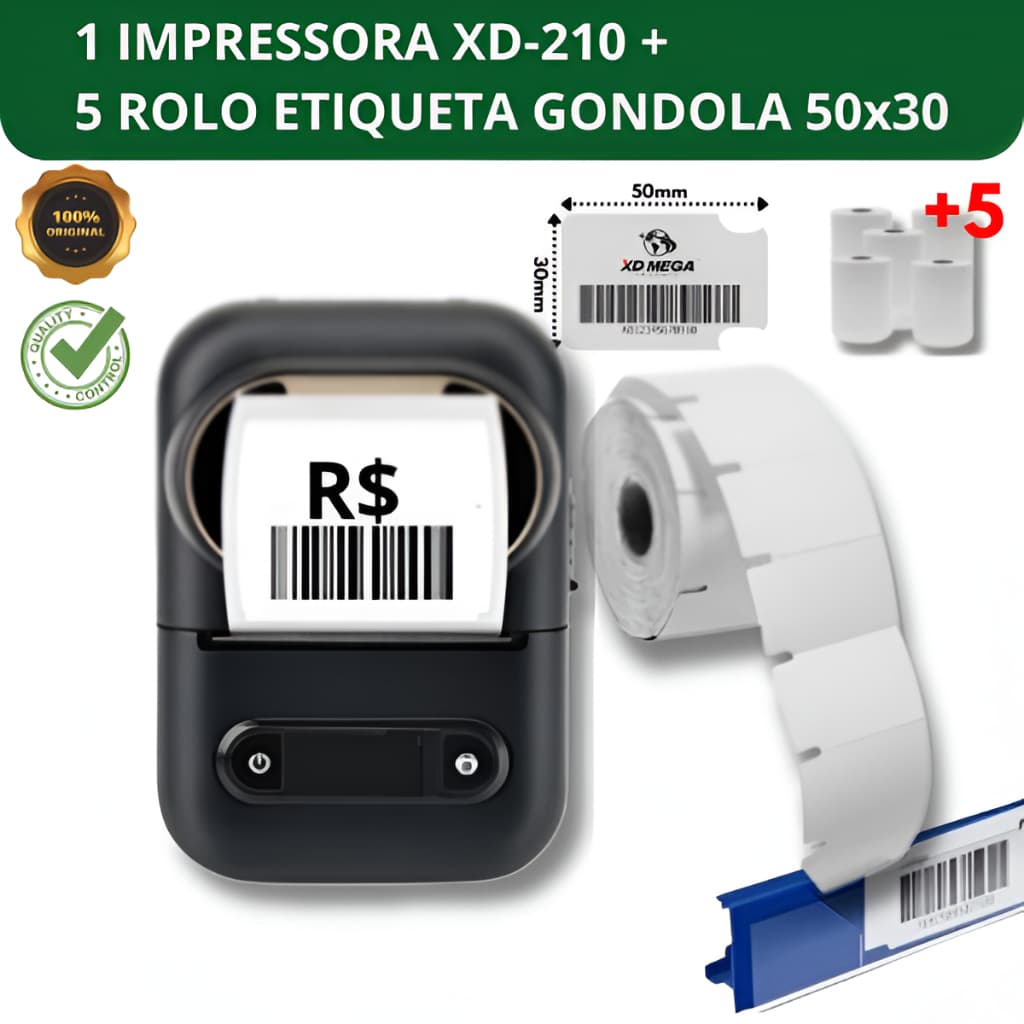 1 IMPRESSORA BUETOOTH XD-210 + 5 ROLO ETIQUETA GONDOLA 50x30