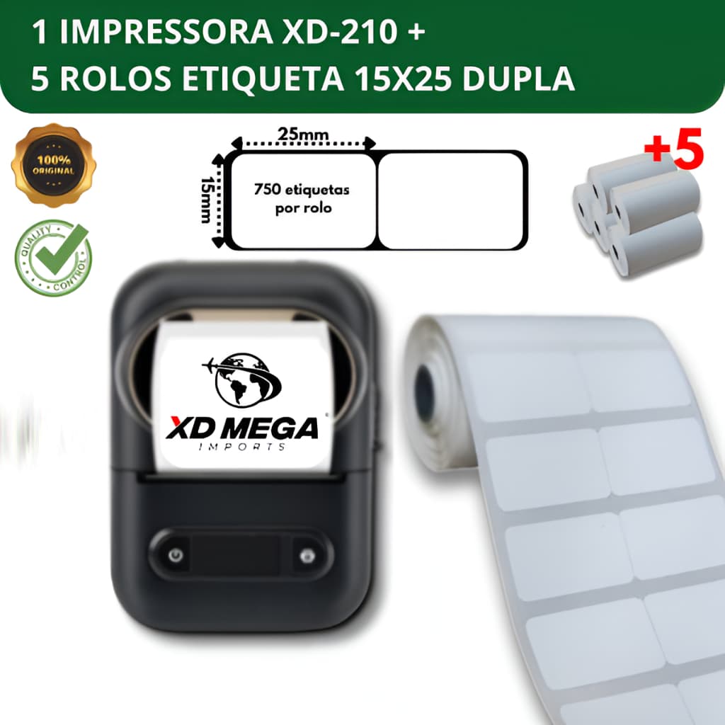 1 impressora bluetooth XD-210 + 5 rolos etiqueta 15x25 dupla