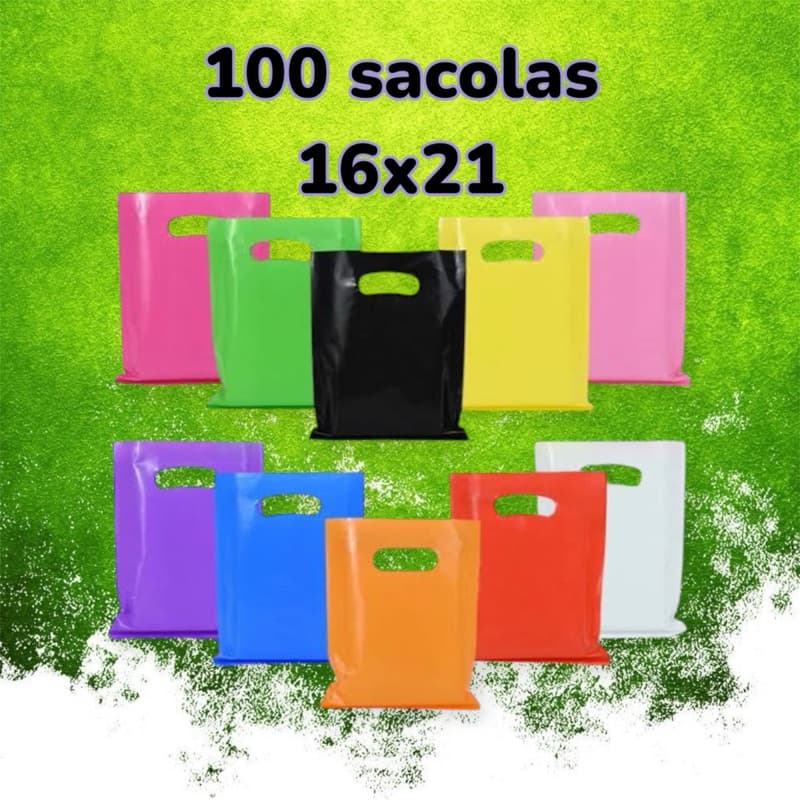 Kit 100 Un Sacolas Plásticas Boca Palhaço 16x21 Alça Vazada para loja