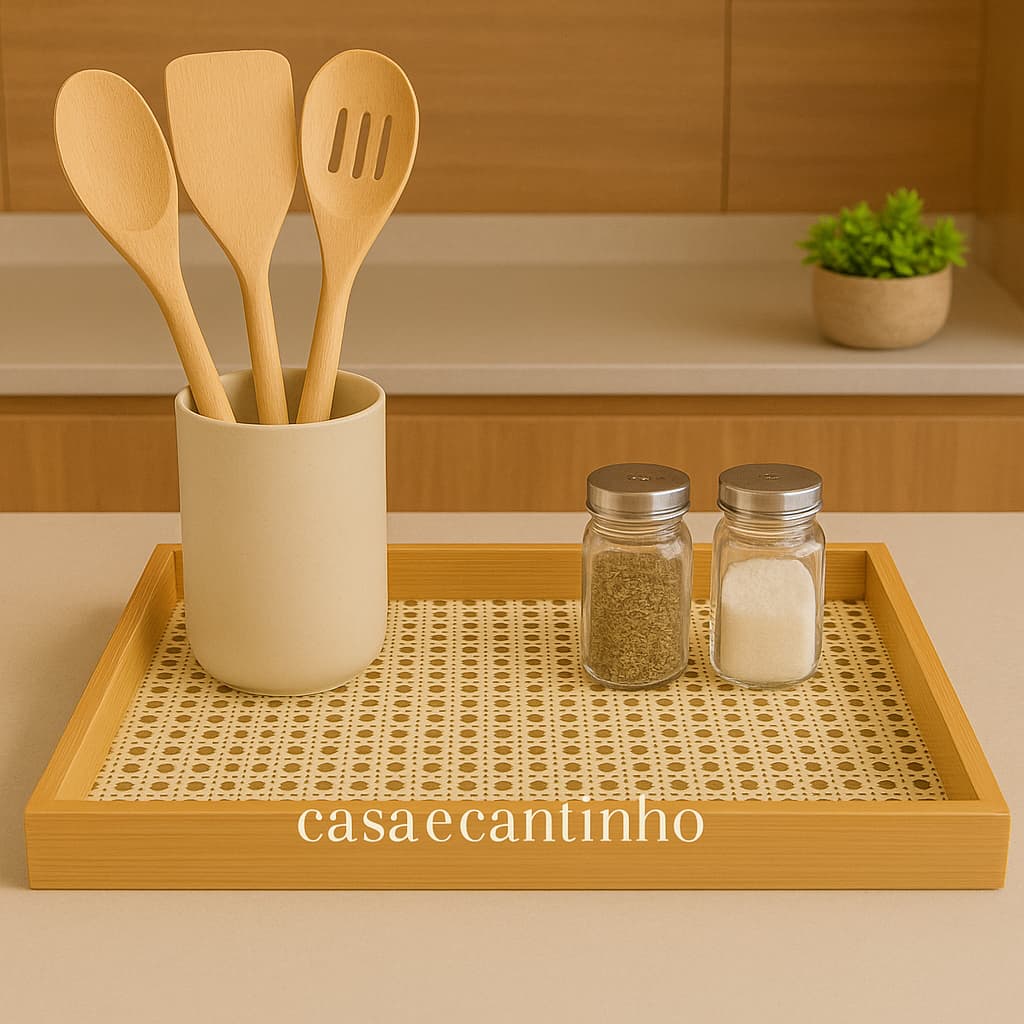 Bandeja Organizadora de Bambu Travessa Treliça Bege Para Servir Café Petiscos Chá Doces Frios Grande