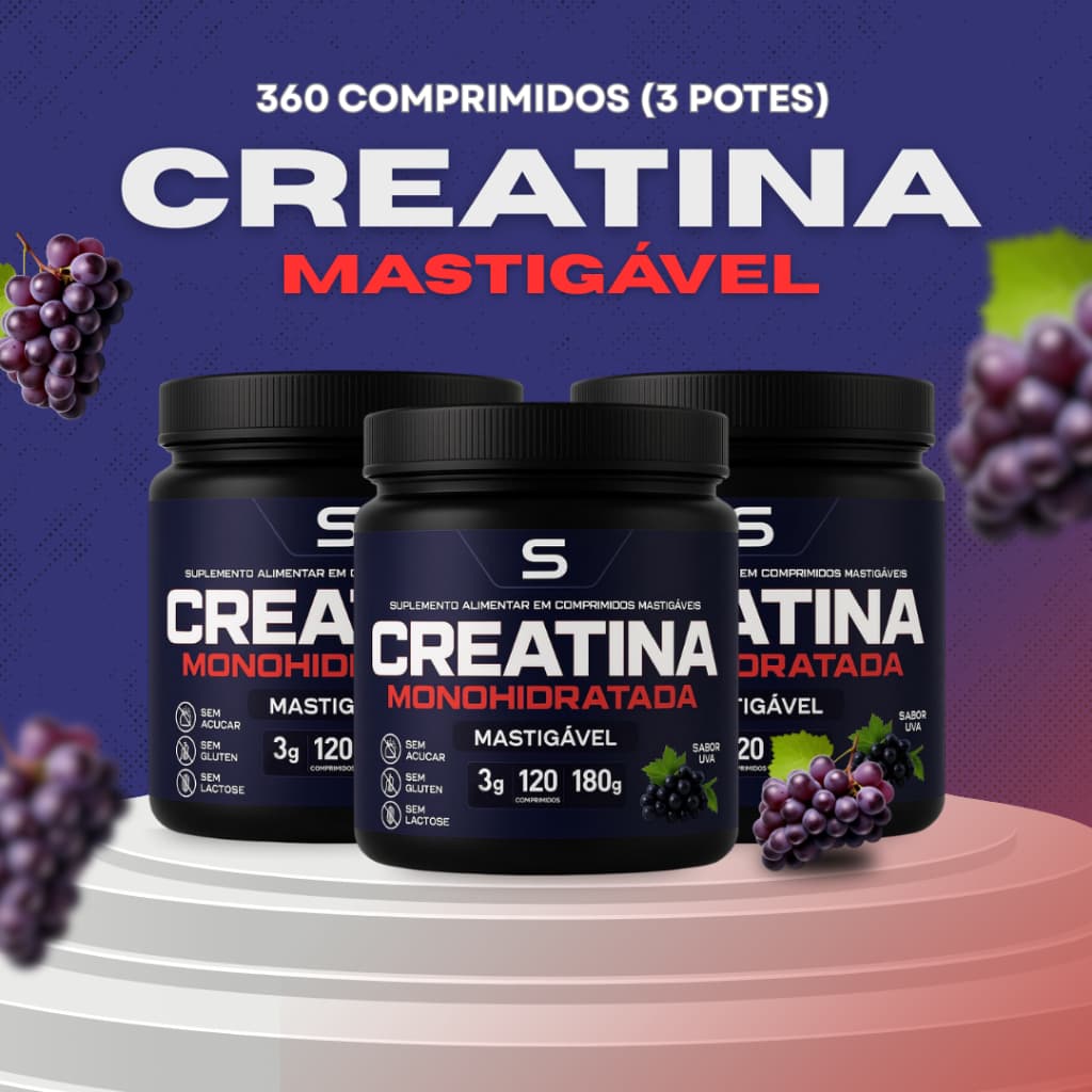 Creatina Pura Mastigável 120 Comprimidos Monohidratada Creapure Sabor Uva Tabletes Energia Atletas
