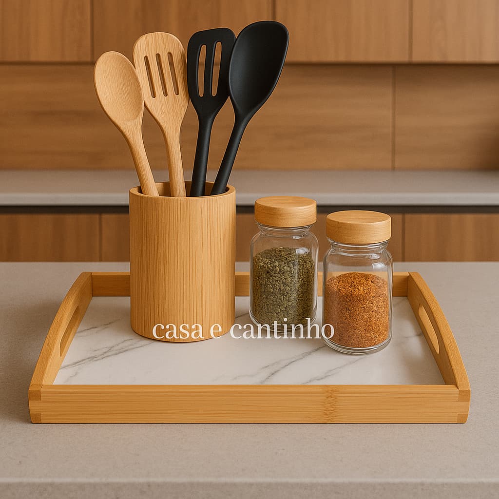 Bandeja Organizadora Grande Bambu Travessa Marmorizada Preto Branco Servir Café Petiscos Chá Frios