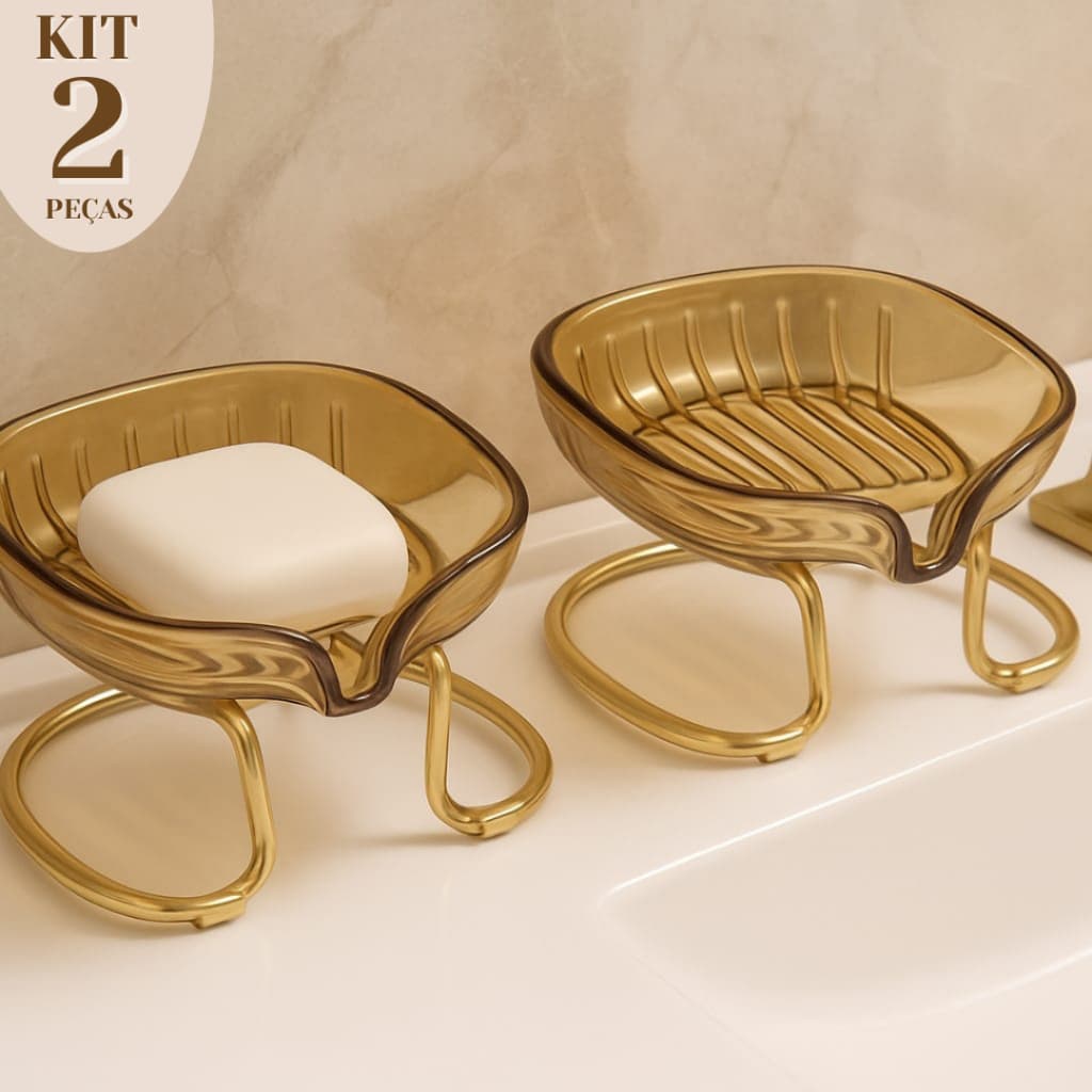 Kit Com 2 Saboneteiras De Pia Acrílico Luxo Com Suporte De Metal Dourado