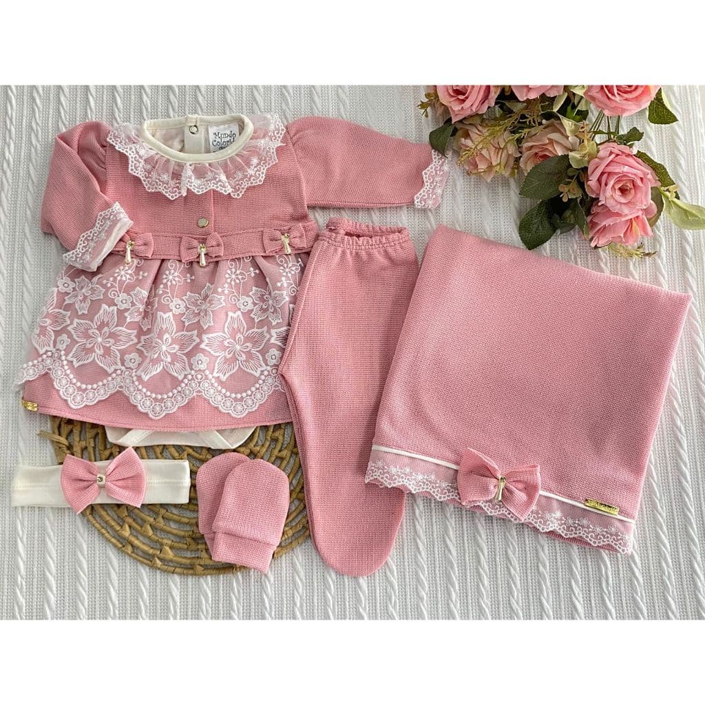 Kit Saída de Maternidade RN 6 Peças Vestido Tricô + Body + Mijão + Manta + Tiara + Luva Bebê