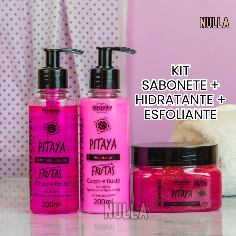KIT SABONETE + HIDRATANTE + ESFOLIANTE PITAYA CORPO E ROSTO RHENUKS
