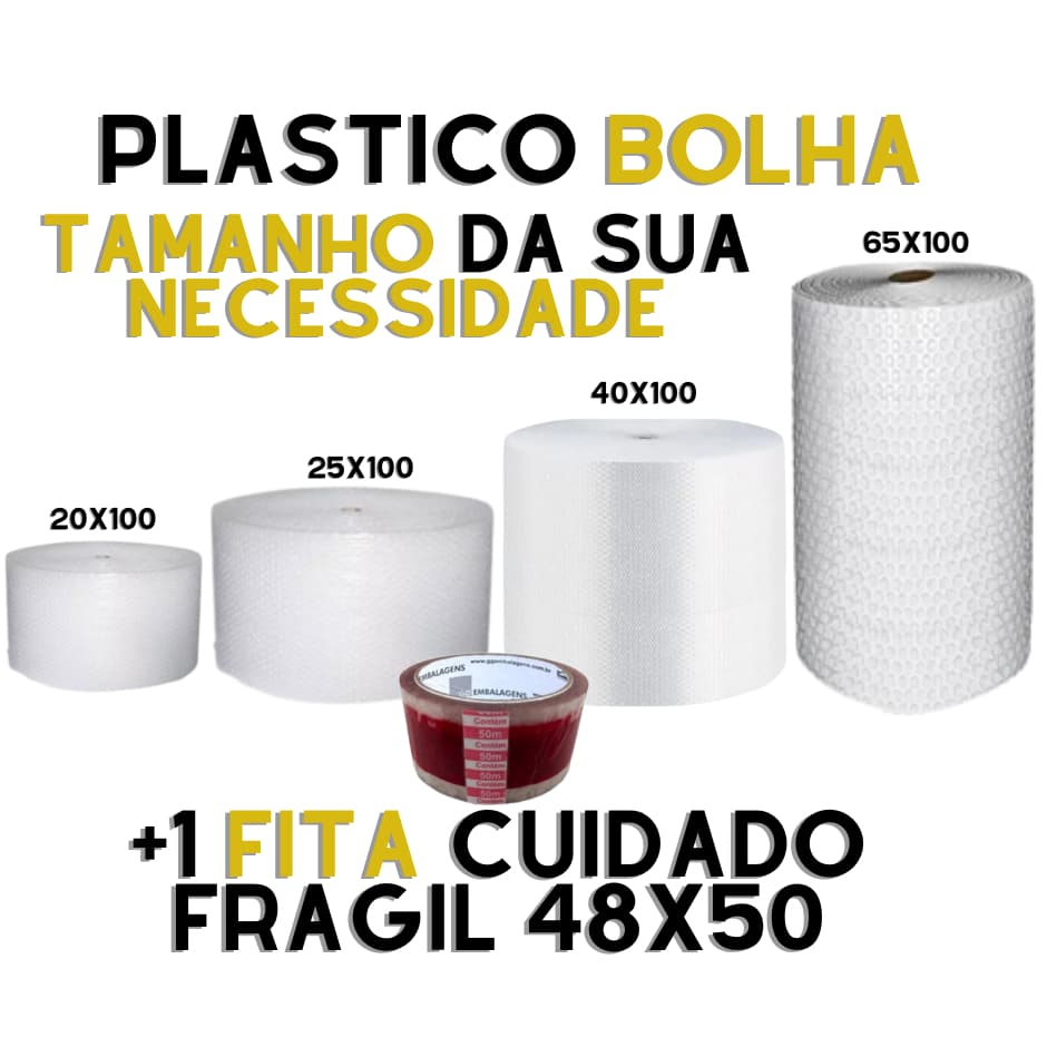KIT Ecommerce Plástico Bolha 100M + Fita CUIDADO FRAGIL 48X50 - Envio 24 HRS ! -af