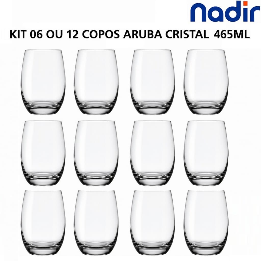 Jogo 6 e 12 de Copos De Vidro Redondo Aruba Cristal 465ml Mesa Posta Resistente Transparente Nadir