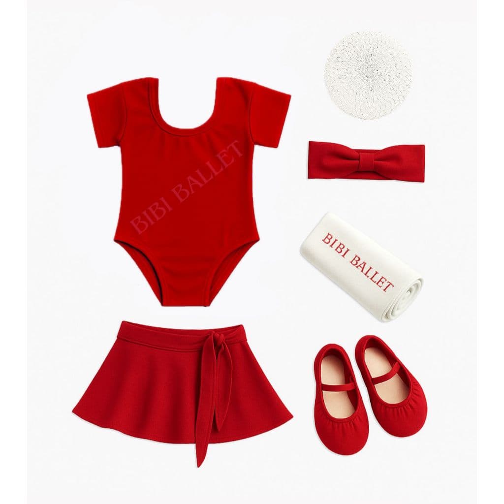 Kit Ballet Infantil - 6 itens/ uniforme para dança completo - (Saia Transpassada e Collant com Manga) - VERMELHO
