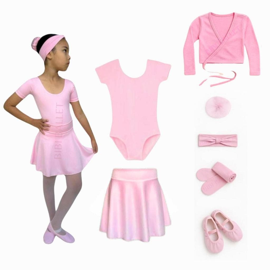 Kit Ballet Infantil e Juvenil - 7 itens/  *COM CASACO* - (Saia de Cós e Collant Com Manga) - ROSA