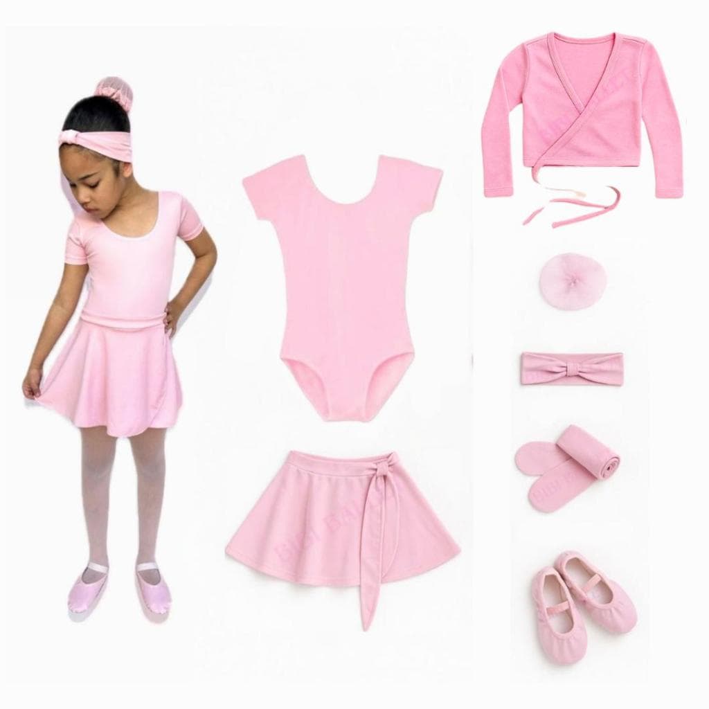 Kit Ballet Infantil e Juvenil - 7 itens/  *COM CASACO* - (Saia de Transpassar e Collant Com Manga) - ROSA
