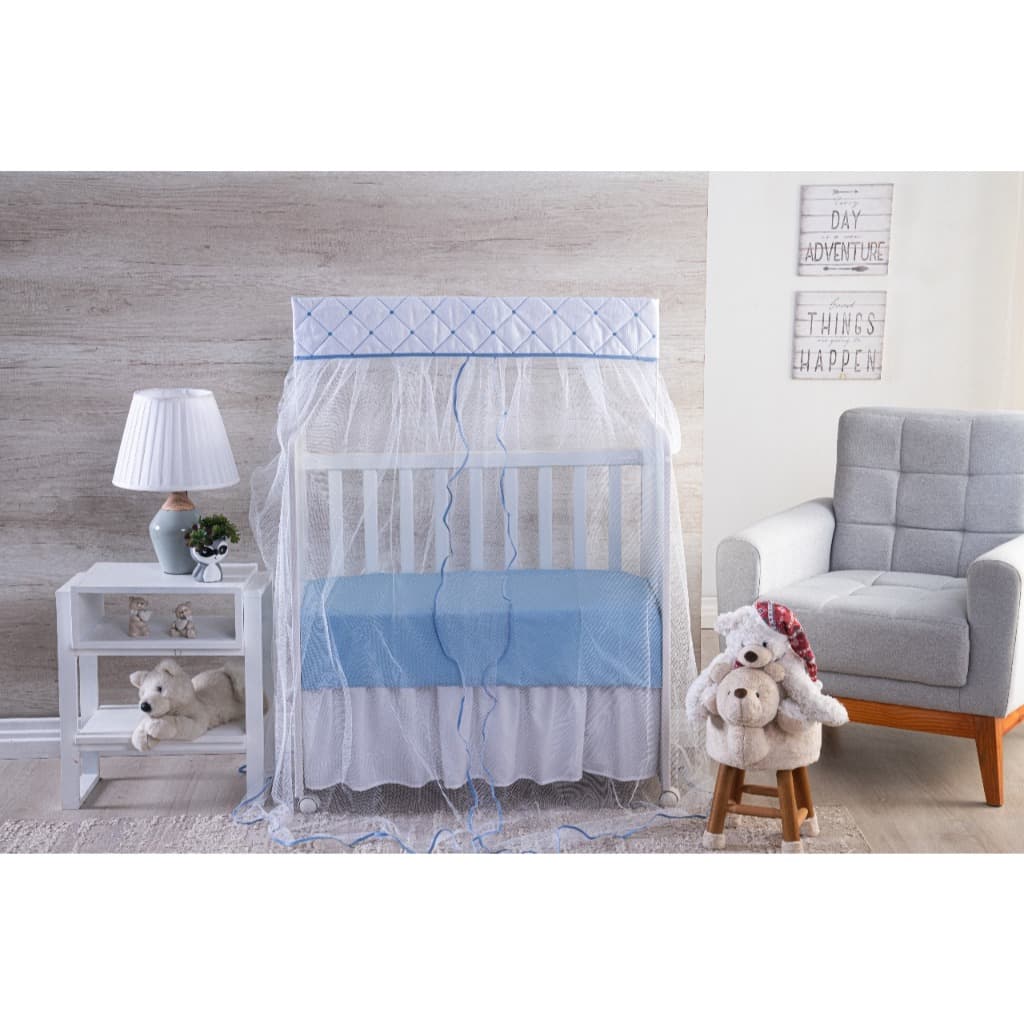 MOSQUITEIRO (CORTINADO) PARA ****** MINI BERÇO ***** BRANCO BORDADO GOTA AZUL
