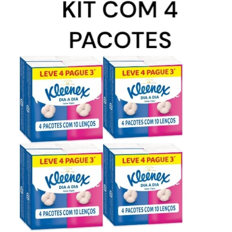 4 kits com 4 pcts com 10  lençosde bolso kleenex dia a dia total 16 pcts com 160 folhas de lenco