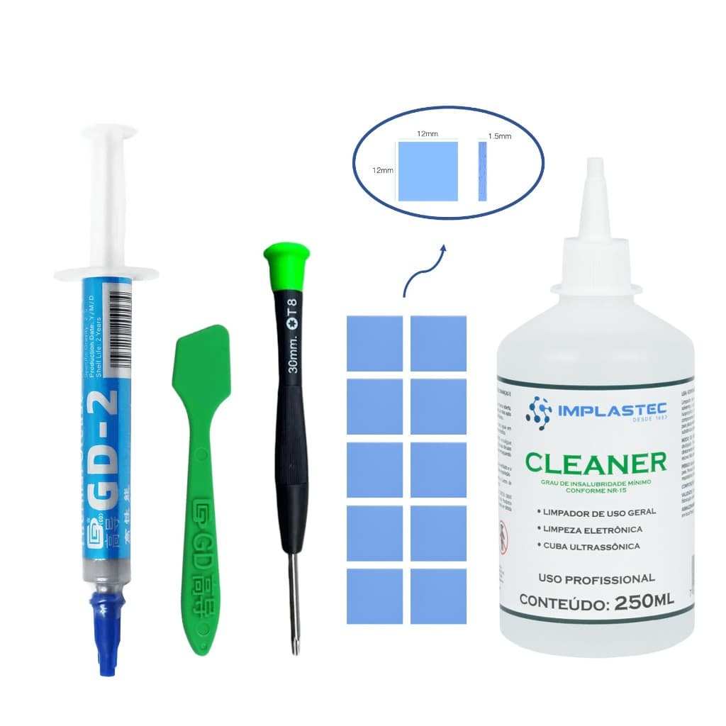 Kit Pasta Térmica 7.5w GD-2 + Raspador + Torx T8 + Thermal Pad 12x12mm x 1.5mm + Cleaner Limpador de Pasta Térmica 250ml