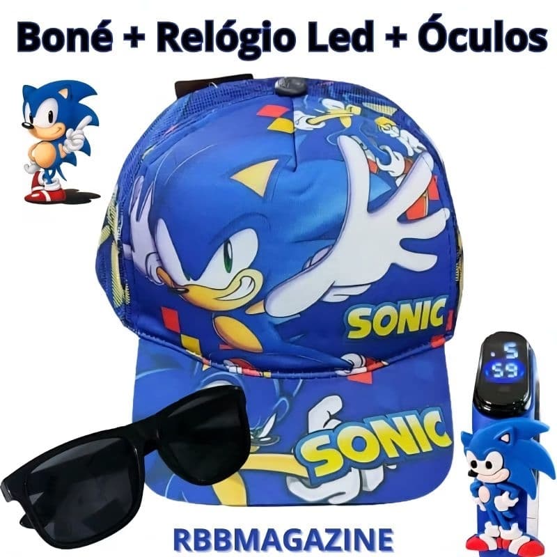 Kit Relógio + Boné + Óculos Sonic bordado, estampado ou 3d