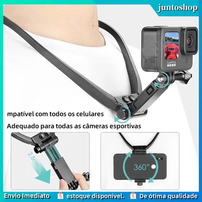Suporte de Pescoço Esticável com Rotação de 360°, compatível com celular e câmera de ação