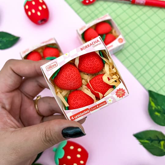 Borracha Decorada Be Berry Morango com Aroma c/4 Borrachas - Tilibra