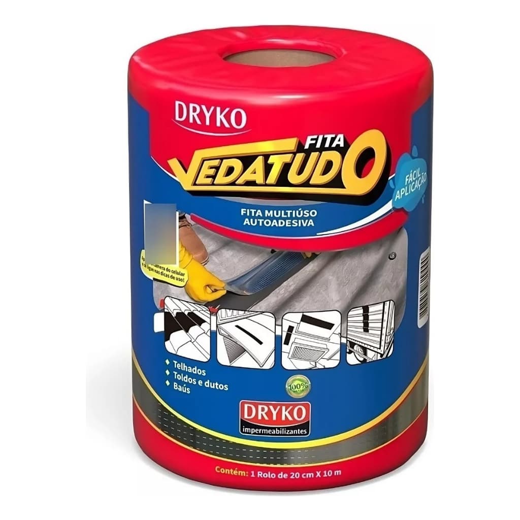 Fita Manta Asfáltica Aluminizada 20cm x 10m Vedatudo Dryko Impermeabilizante Telhado Calha Laje Vedação