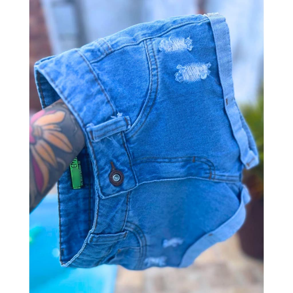 Short Jeans Feminino Cintura Alta Cós Alto Barra Dobrada da Moda Empina Bumbum Look Despojado