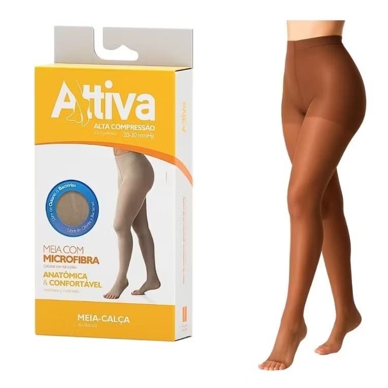 Meia Calça Elástica Alta Compressão 20-30mmHg Attiva Cor Natural Escuro Ponteira Aberta