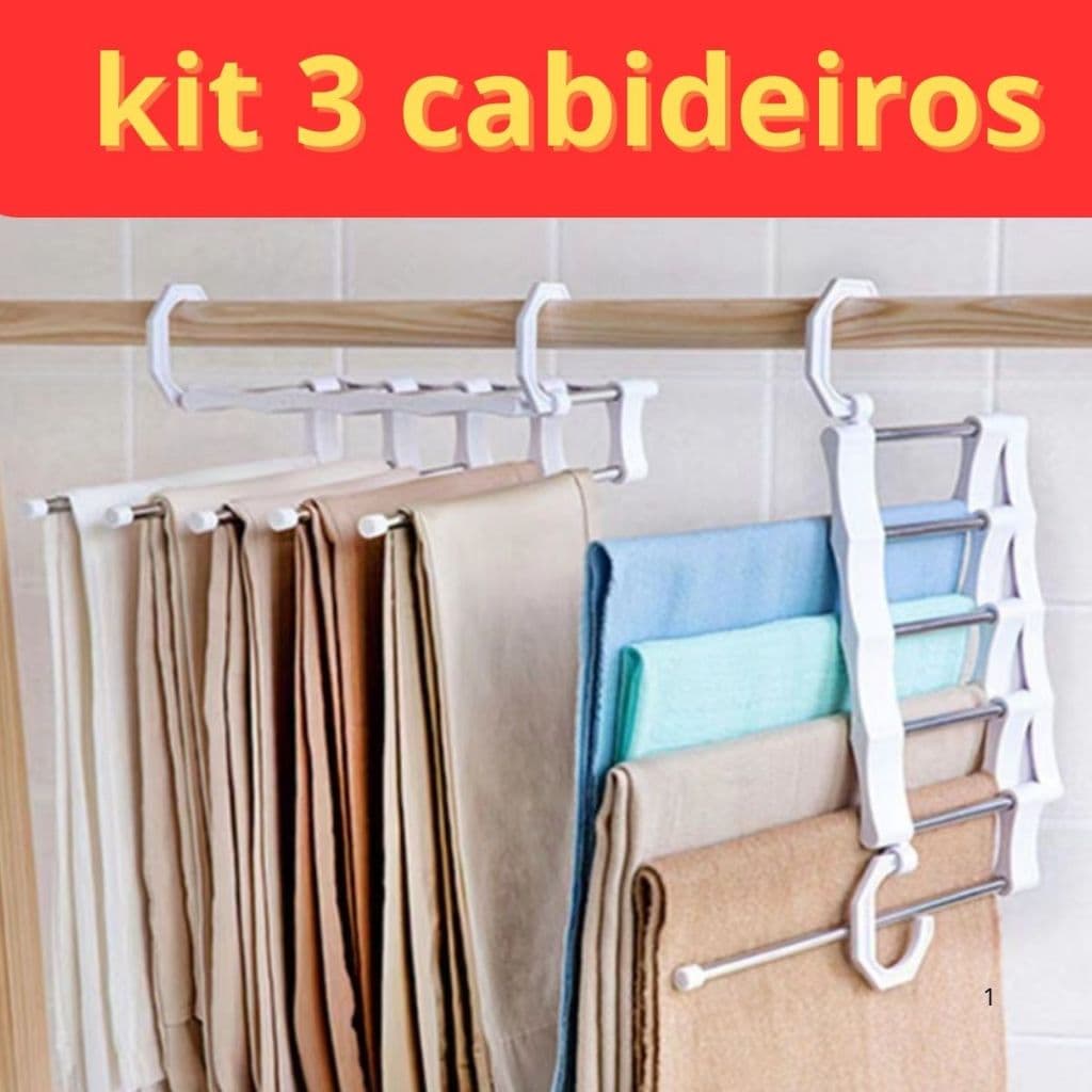 Kit 3 Cabide Multifuncional para Calças de Inox com 5 Divisórias Branco