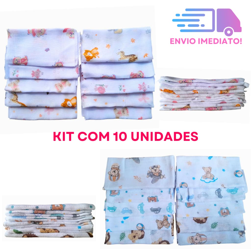 Kit 10 Panos de Boca em Fralda Luxo Estampada 35x35cm100% Algodão