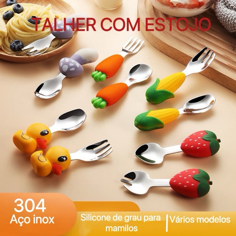 Kit Talher 2 Peças Garfo Colher e Estojo Com Cabo de Silicone em Aço inoxidável 304 Fofos