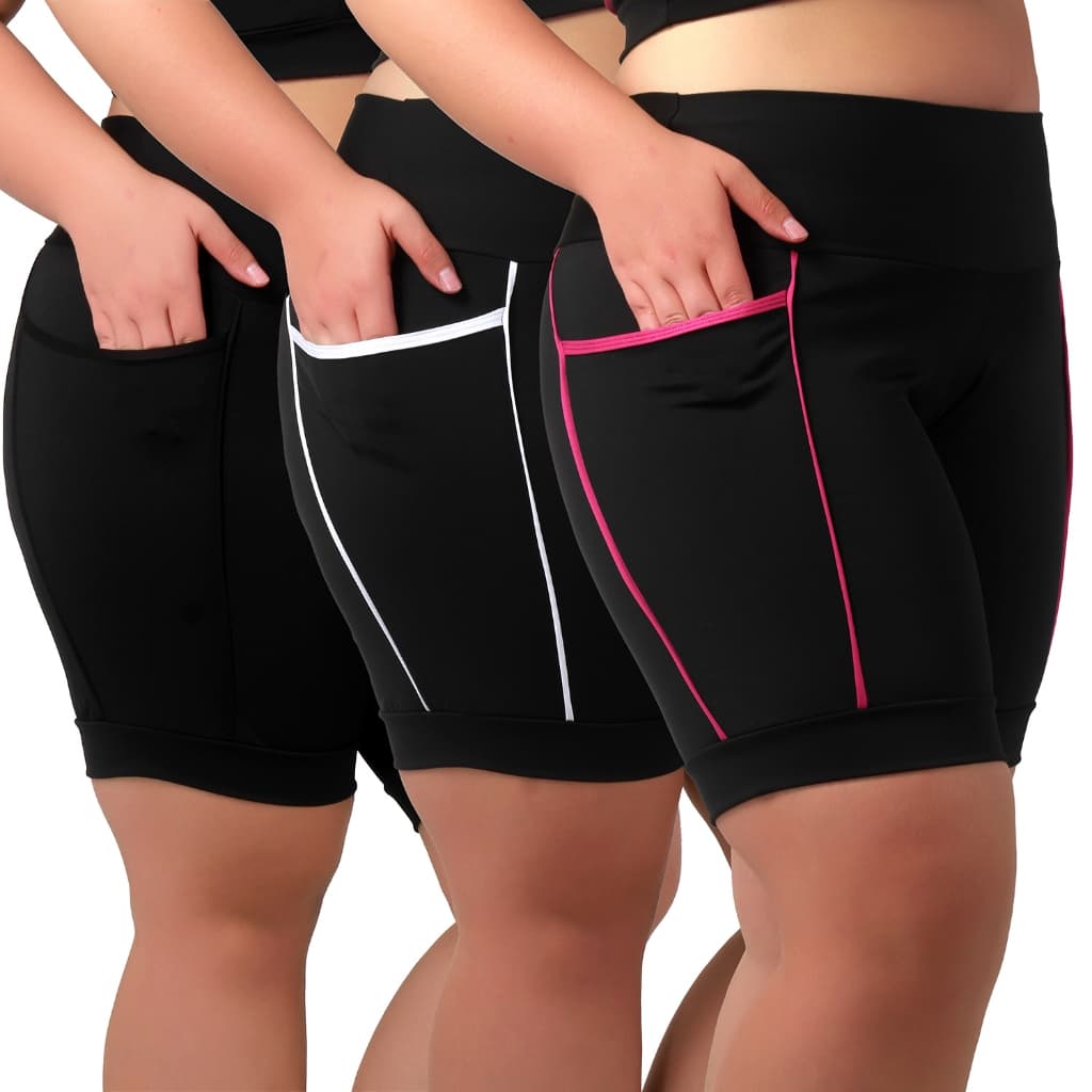 Kit 3 Bermudas Fitness Plus Size Feminina Cós Alto Com Bolsos Laterais