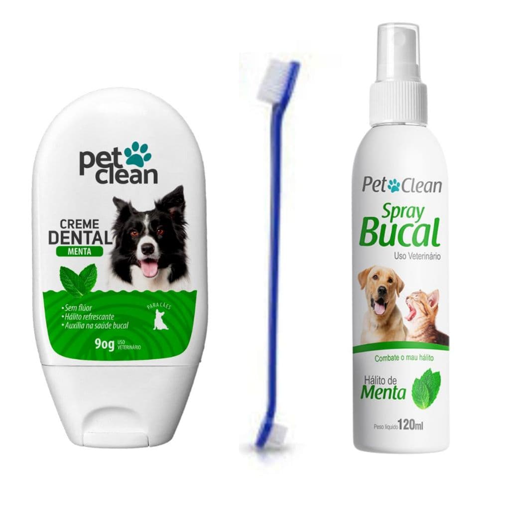 Pet Clean Creme Dental 90g + Spray Bucal + Escova de Dente para Cachorros Higiene Bucal