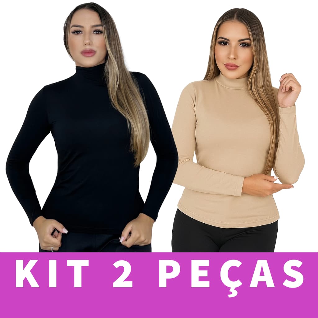 Kit 2 Blusa Feminina Segunda Pele Cacharrel Gola Alta Manga Longa Viscolycra