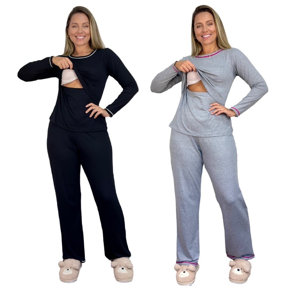 Kit 2 Conjunto Pijama Inverno Amamentação Premium Feminino Maternidade Gestante Pós Parto Gravida