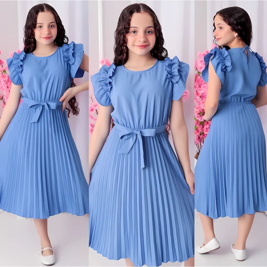 Vestido Infantil juvenil Azul Princesa Midi Evangélico com Babado, Laço e Saia Plissada com forro