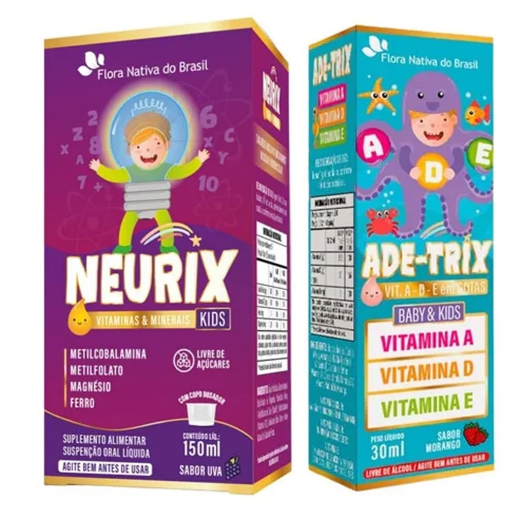Vitamina Ade-trix 30ml Sabor Morango + Neurix (mag, Ferro, Metilfolato E B12)  150ml Sabor Uva