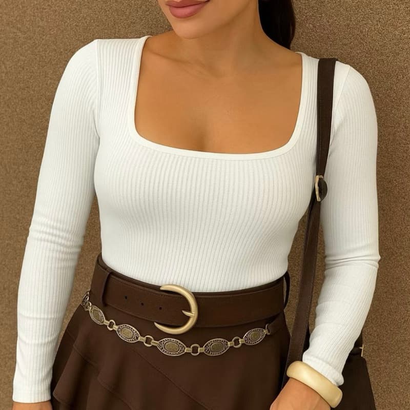 Blusa Manga Longa Gola Quadrada Malha Canelada Inverno Promoção