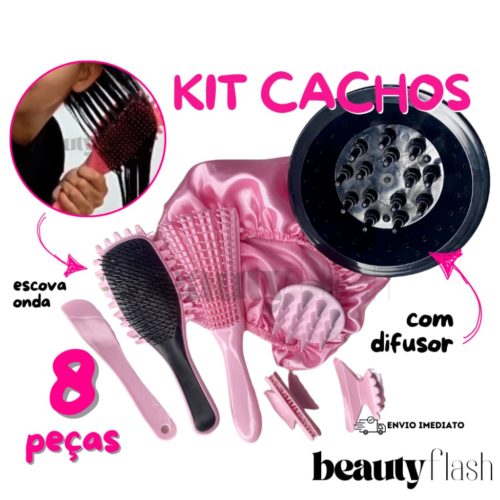Kit Cachos Beauty Flash Escova Finalizadora Difusor Definição e Finalização Cabelo Cacheado Crespo