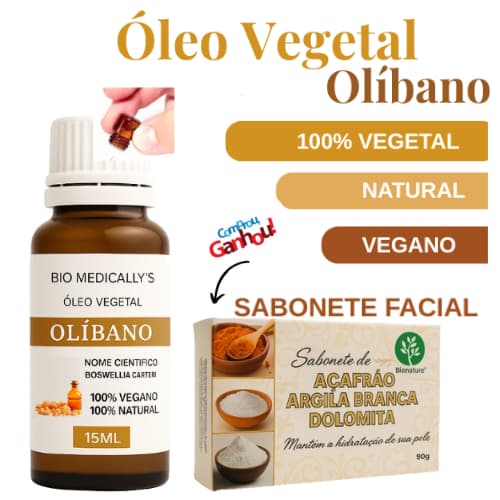 Kit Óleo Vegetal OLÍBANO 15mL 100% Puro + Sabonete Vegetal 90g (2PEÇAS)
