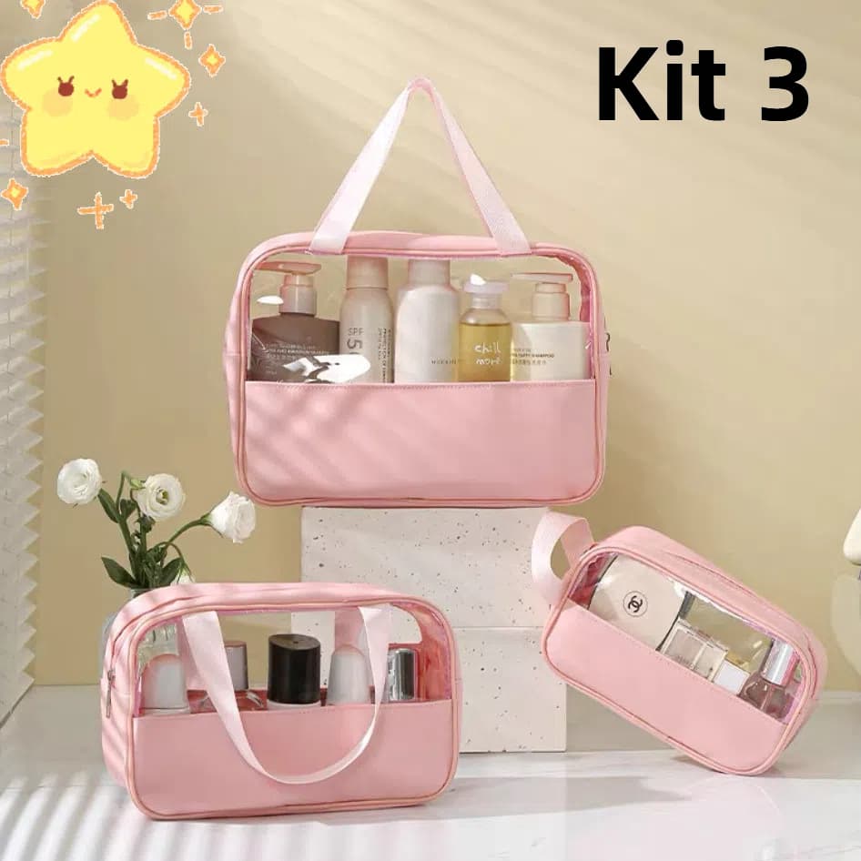 Kit 3 Necessaires Transparentes para Viagem - Organize Cosméticos e Produtos de Higiene Pessoal