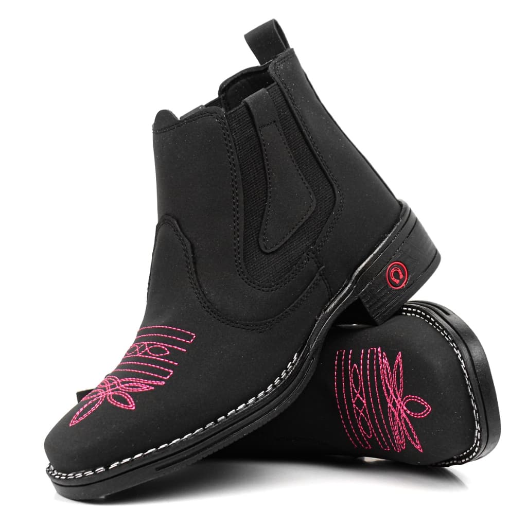 Botina Country Feminina | Bordado Rosa e Bege | Confortável e Estilosa