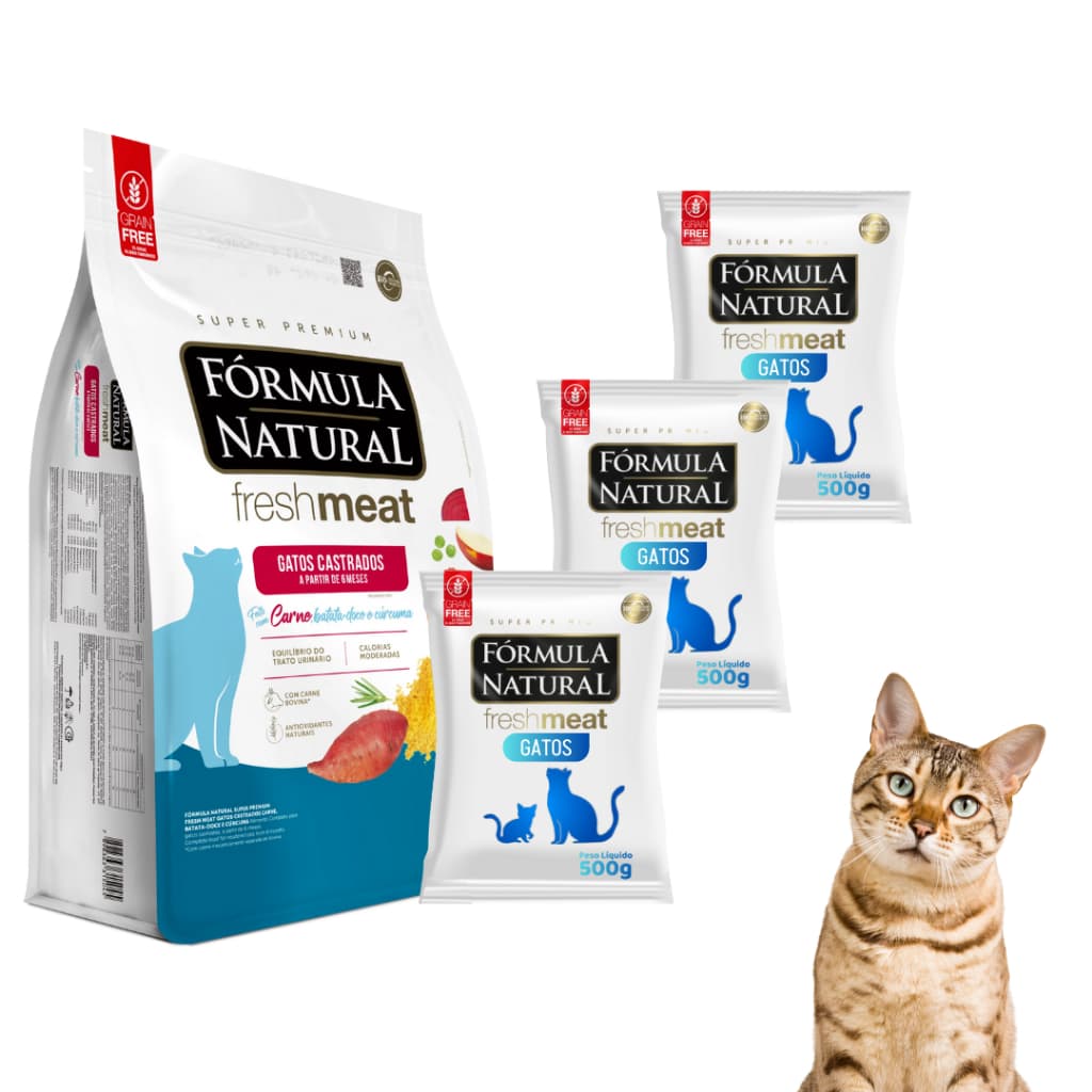 Kit Ração Premium C/3 Pacotes de 500g Fórmula Natural Gatos Castrados Fresh Meat Sabor Carne