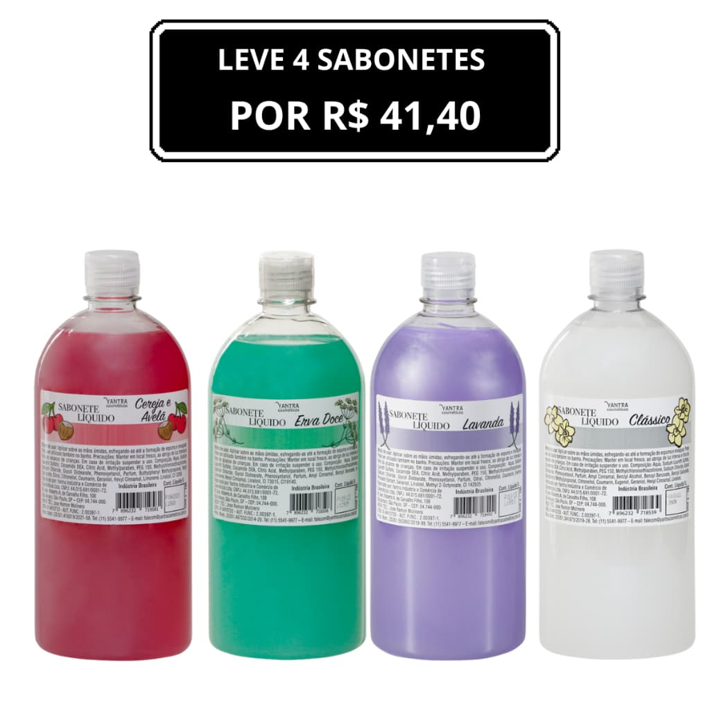 4 UNIDADES - SAB0NETE LIQUIDO ( 1 LITRO ) - DIVERSAS FRAGRANCIAS - YANTRA COSMÉTICOS -