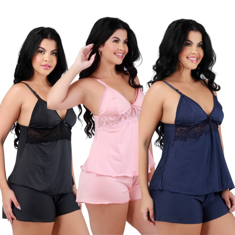 Kit 3 Baby Doll Amamentação Com Renda Click Abre Fácil Gestante Pós Parto Pijama Feminino Amamentar