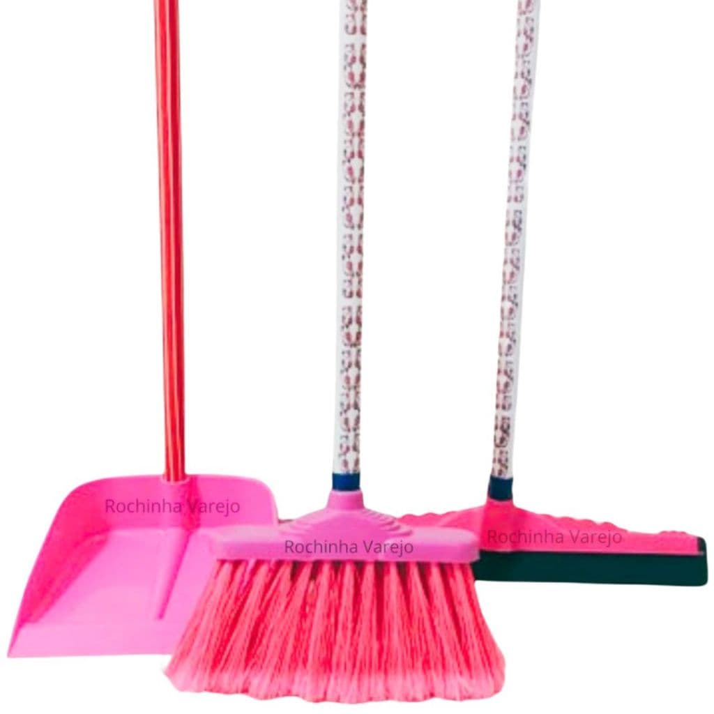 Vassoura Rosa Multiuso, Rodo Rosa Grande de 40cm e Pá de Lixo Rosa com Cabos