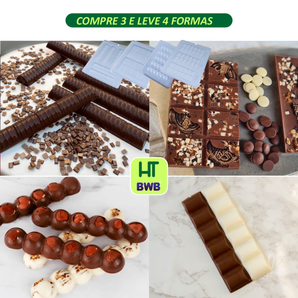 KIT Formas para Chocolate - TABLETINHOS BWB 71 - 9907 -10117 -10595 -BARRA-TABLETE - LEVE 4 PAGUE 3